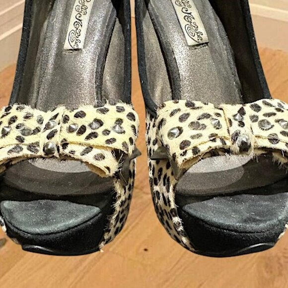 Naughty Monkey Black and Cream Leopard Print Pony Fur Platform Heels Size 8.5 - Picture 6 of 14